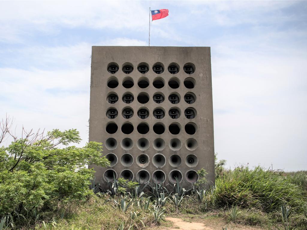 A Taiwanese flag flies from a wall of speakers that was used for anti-China propaganda at Beishan Broadcasting Station on Kinmen. Picture: Carl Court/Getty Images.