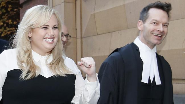 Rebel Wilson pumps her fist after the jury returned unanimous verdicts in her favour last week. Picture: Darrian Traynor/Getty Images