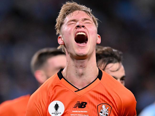 Thomas Waddingham of Brisbane Roar celebrates after scoring a goal during the Australia Cup football final match between Sydney FC and Brisbane Roar FC at Allianz Stadium.