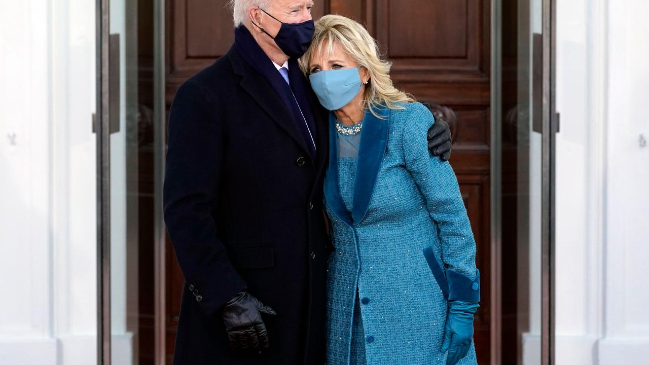 Jill Biden in her first outfit for the day. Picture: Alex Brandon/AFP