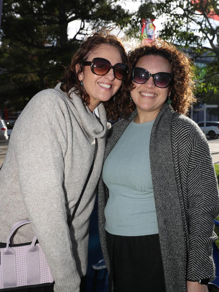 Carla Andrews and Karen Wilson. Locals and visitors arrived early to get a good spot for the Geelong New Years Eve celebrations. Picture: Alan Barber