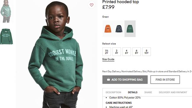 H & M apologised and removed an ad featuring a black model in a sweatshirt with the words “Coolest monkey in the jungle”. Picture: H & M via AP