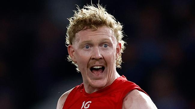 MELBOURNE, AUSTRALIA - AUGUST 02: Clayton Oliver of the Demons looks on during the 2024 AFL Round 21 match between Footscray and the Melbourne Demons at Marvel Stadium on August 02, 2024 in Melbourne, Australia. (Photo by Michael Willson/AFL Photos via Getty Images)