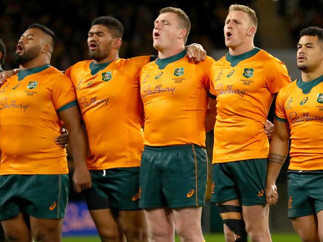 BRISBANE, AUSTRALIA - JULY 17: Reece Hodge of the Wallabies and team mates (2nd right) during the national anthem during the International Test Match between the Australian Wallabies and France at Suncorp Stadium on July 17, 2021 in Brisbane, Australia. (Photo by Kelly Defina/Getty Images)