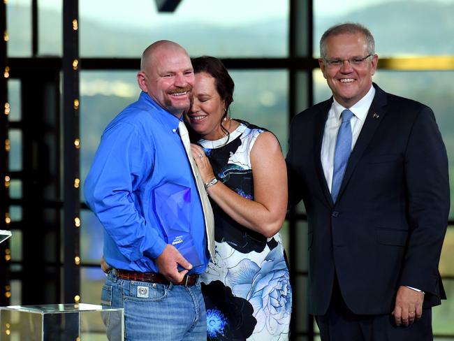 Prime Minister Scott Morrison with winners 2019 Local Heroes Kate and Tick Everett at the 2019 Australian of the Year Awards Picture: AAP Image/Mick Tsikas