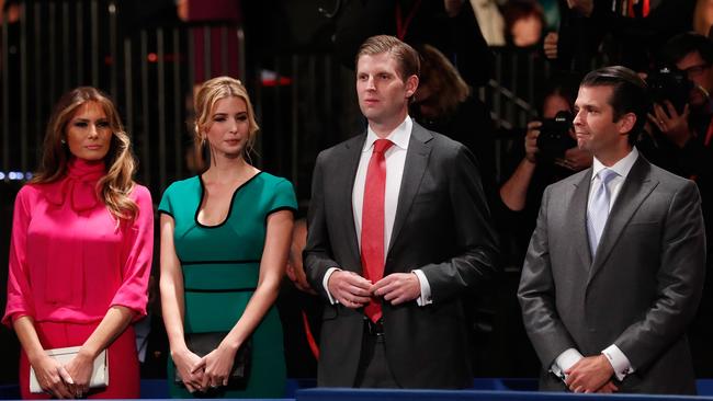 (L-R) Republican presidential nominee Donald Trump's wife Melania Trump, daughter Ivanka Trump, son Eric Trump and son Donald Trump, Jr. attend the town hall debate at Washington University on October 9, 2016 in St Louis, Missouri. Picture: Getty Images