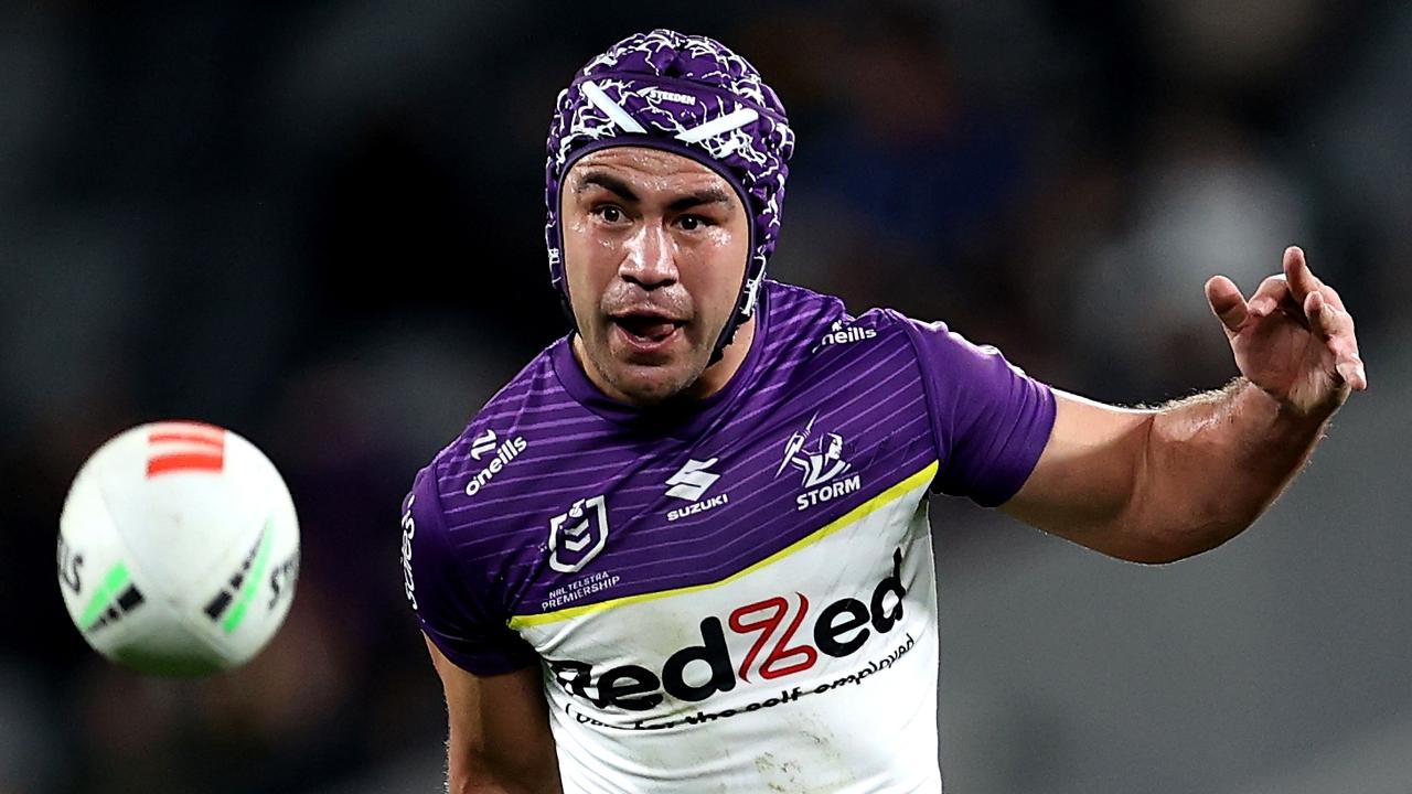 SYDNEY, AUSTRALIA - JULY 26: Jahrome Hughes of the Storm kicks during the round 21 NRL match between Parramatta Eels and Melbourne Storm at CommBank Stadium, on July 26, 2024, in Sydney, Australia. (Photo by Brendon Thorne/Getty Images)