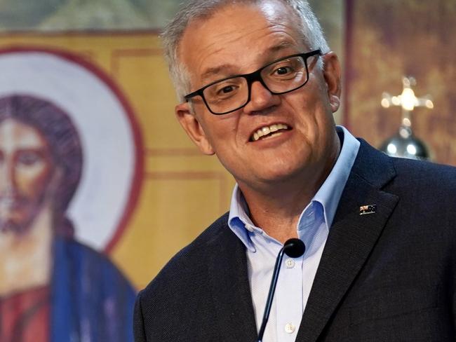 Prime Minister Scott Morrison attends Sunday Mass at the Lebanese Maronite Catholic Church with Bishop Tarabay in Westbourne Park, South Australia on February 13, 2022. Picture: Adam Taylor  via NCA NewsWire