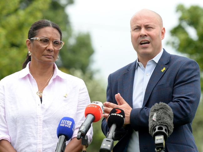 Former Federal Treasurer Josh Frydenberg and former Labor MP Nova Peris speak to the media. Picture: Andrew Henshaw