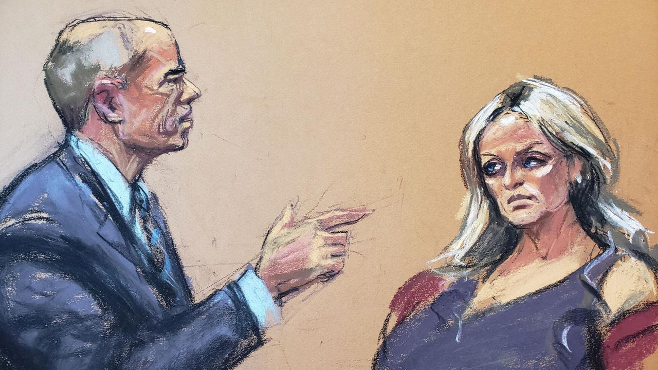 Courtroom sketch of former lawyer Michael Avenatti, representing himself, cross-examining witness Stormy Daniels during his criminal trial on January 27. Picture: Reuters/Jane Rosenberg