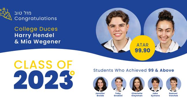 Bialik College is celebrating the success of its 2023 duces, Harry Hendel and Mia Wegener, who each achieved an ATAR of 99.90.