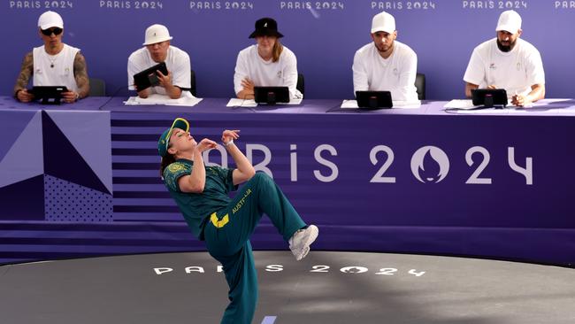 B-Girl Raygun does her kangaroo hop at the Paris Olympics. (Photo by Ezra Shaw/Getty Images)