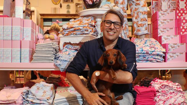 Australia's PJ king Peter Alexander with dog Penny. The brand is currently recruiting Christmas casuals in Cairns. Picture: Scott Fletcher