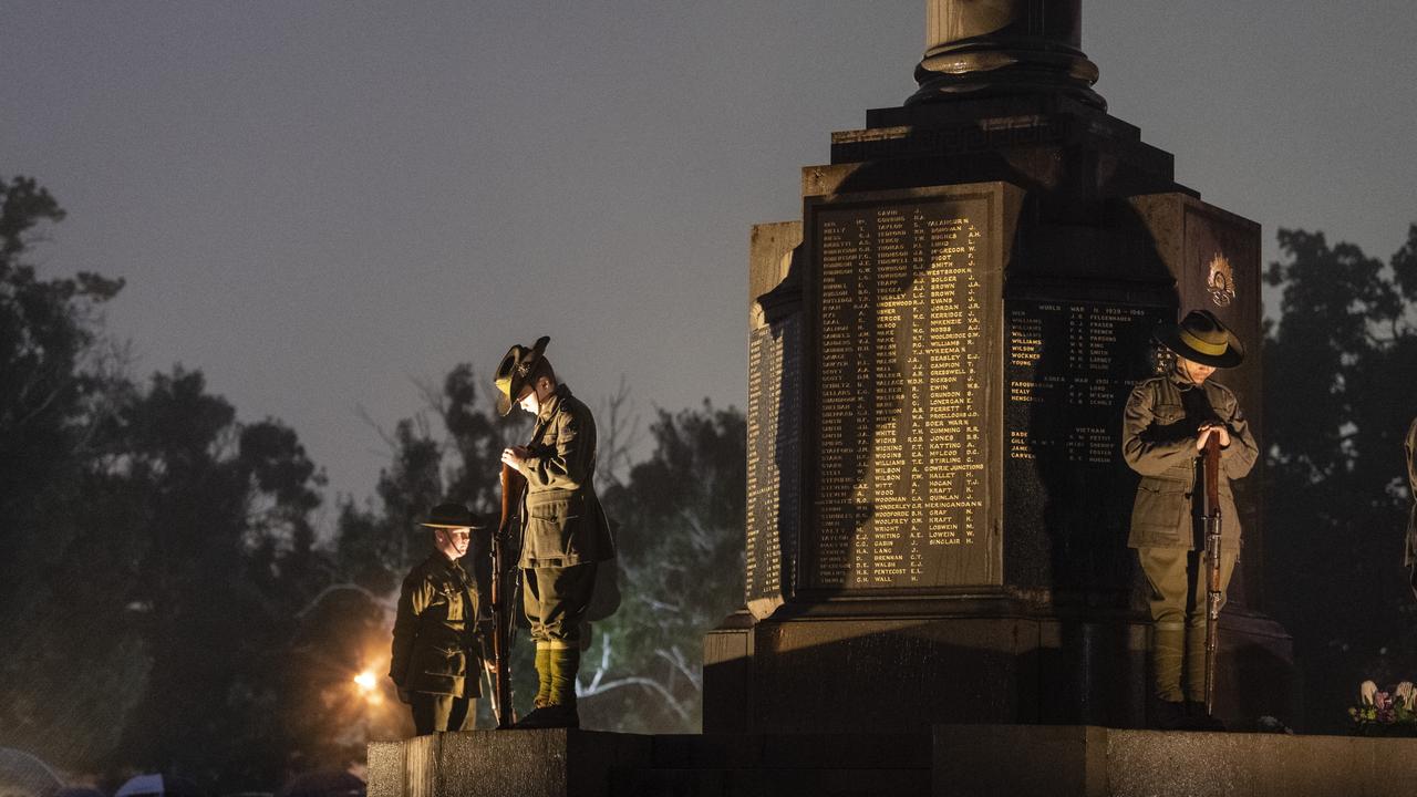 The vigil is held by students of the Toowoomba Grammar School Honour Guard at the Mothers' Memorial for the Anzac Day Toowoomba Dawn Service, Tuesday, April 25, 2023. Picture: Kevin Farmer