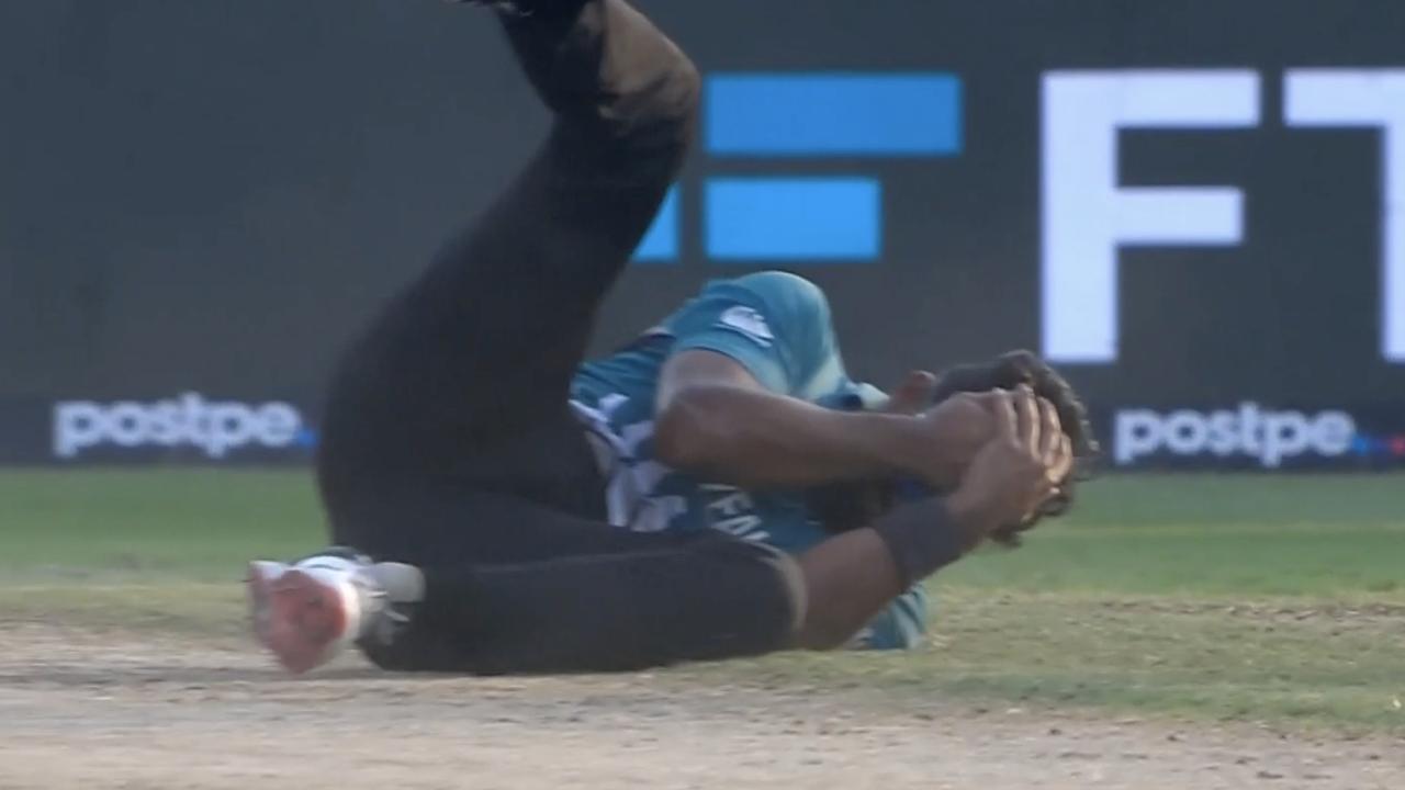 New Zealand spinner Ish Sodhi fell to the deck after being struck on the head. Picture: Fox Cricket.