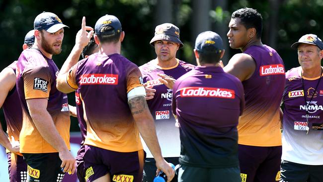 Coach Anthony Seibold talks to his players during a Brisbane Broncos NRL training session at Red Hill this month. Picture: Bradley Kanaris.