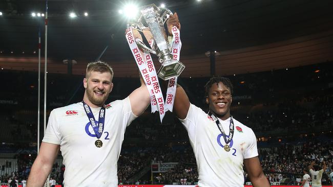 England’s George Kruis celebrates with fellow lock Maro Itoje after their Six Nations victory.