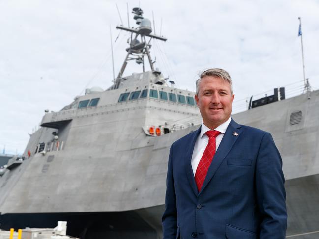 SYDNEY, AUSTRALIA - NewsWire Photos July 18, 2023: USS Canberra arrived in Sydney this morning and will be commissioned this weekend. The Ship was built in the US by Austral, an Australian ship building company. Pictured, CEO of Austral, Paddy Gregg with the ship behind him. Picture: NCA NewsWire / David Swift