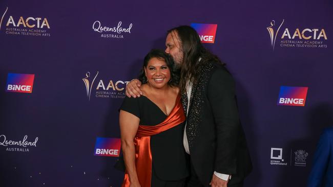 Deborah Mailman and Warwick Thornton arrives on the Red Carpet at the 2024 Aacta Awards at HOTA on the Gold Coast. Picture: Glenn Campbell
