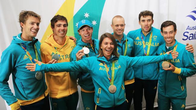 Rio Olympic medallists Will Ryan, Iain Jensen, Nathan Outteridge, Lisa Darmanin, Tom Burton, Jason Waterhouse and Mat Belcher. Pic: Mark Evans.