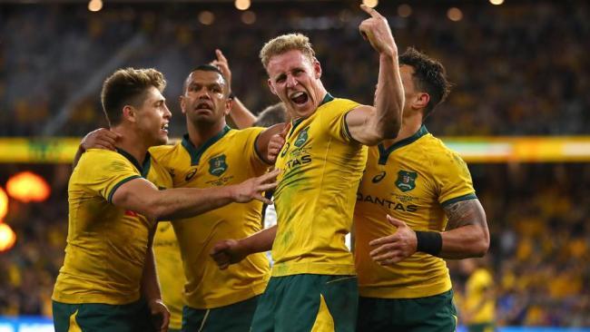 Reece Hodge celebrates a try in last week's win over the All Blacks. Picture: Getty Images