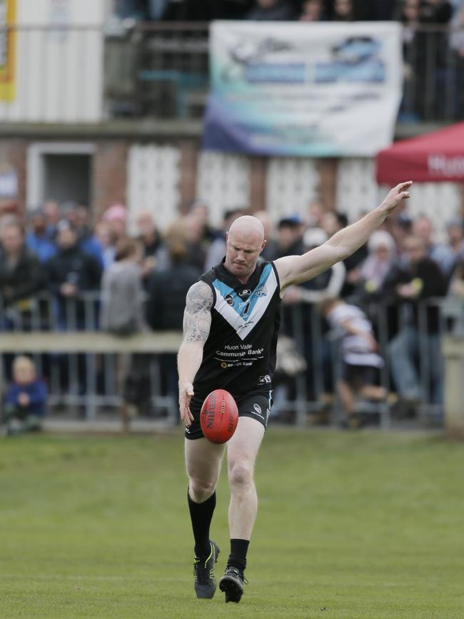 Former AFL star Barry Hall plays for Cygnet against Lindisfarne in Tasmania's Southern Football League. Picture: PATRICK GEE