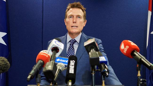 Christian Porter speaks during a press conference in Perth this week. Picture: AFP)