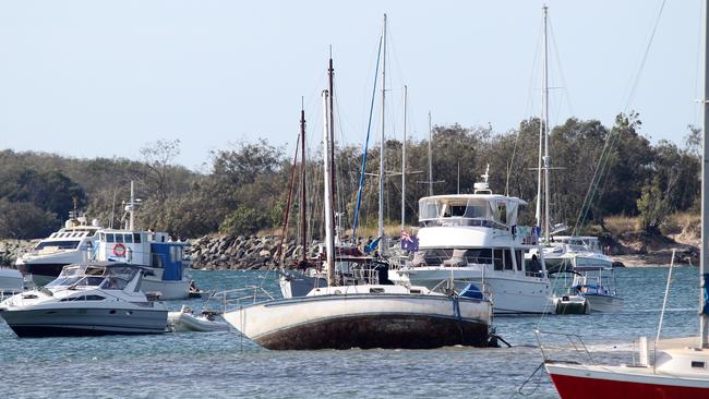 A yacht in the Broadwater is still stranded on a sandbank after efforts to re-float it seemed to fail overnight.Picture by Scott Fletcher