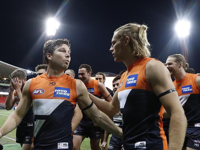 SYDNEY, AUSTRALIA - JUNE 26: Toby Greene and Nick Haynes of the Giants celebrates victory after the round 4 AFL match between Greater Western Sydney Giants and Collingwood Magpies at GIANTS Stadium on June 26, 2020 in Sydney, Australia. (Photo by Ryan Pierse/Getty Images)