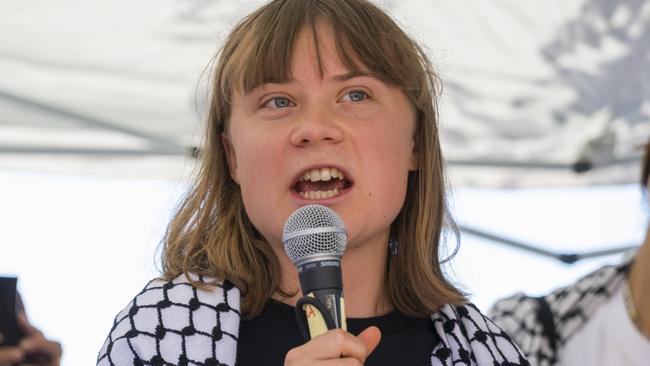 CATANIA, ITALY - JUNE 01: Greta Thunberg speaking at the press conference. Greta is part of the crew of the ship Madleen, headed to Gaza to deliver humanitarian aid on June 01, 2025 in Catania, Italy. Swedish activist Greta Thunberg is among those who will attempt to sail to Gaza on a boat organized by the Freedom Flotilla Coalition (FFC), in a bid to break Israel's blockade of the Palestinian territory. Freedom Flotilla had to abort a previous journey in early May after it said its boat came under attack by drones in international waters near Malta. (Photo by Fabrizio Villa/Getty Images)