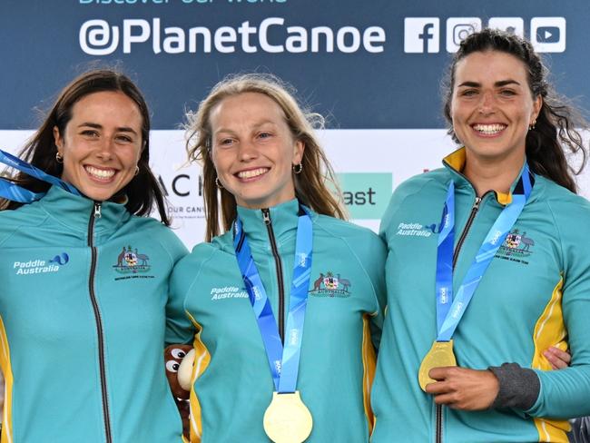 LONDON, ENGLAND - SEPTEMBER 19: Gold Medallists, Jessica Fox, Noemie Fox and Kate Eckhardt of Australia, Silver Medallists, Maialen Chourraut, Laia Sorribes and Oloatz Arregue of Spain and Bronze Medallists, Mallory Franklin, Kimberley Woods and Phoebe Spicer of Great Britain pose after the Women's Kayak Teams Final during the 2023 ICF Canoe Slalom World Championships at Lee Valley White Water Centre on September 19, 2023 in London, England. (Photo by Justin Setterfield/Getty Images)