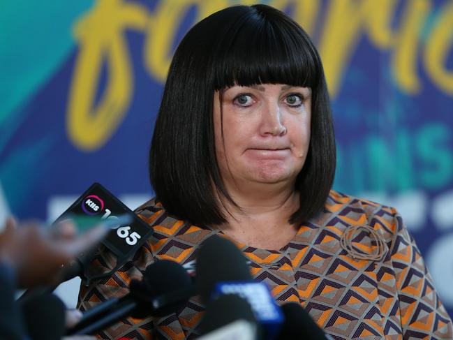 SYDNEY, AUSTRALIA - MAY 17: Rugby Australia Chief Executive Raelene Castle speaks to the media during a Rugby Australia press conference at Rugby HQ with an update on the Israel Folau hearing on May 17, 2019 in Sydney, Australia. Castle announced that Rugby Australia have terminated Folau's contract. (Photo by Don Arnold/Getty Images)