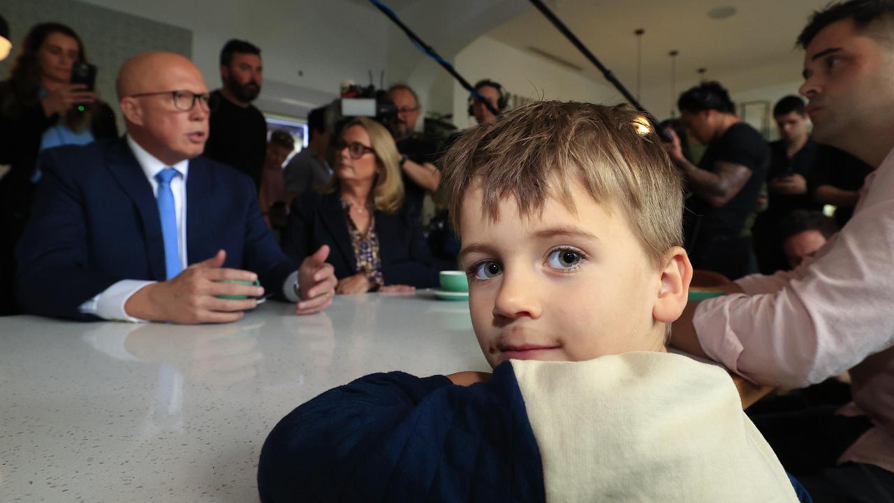 Opposition Leader Peter Dutton meets the Noah, 4, on the Campaign trail at South End Social at Gosford South. Pictures Adam Head / NewsWire