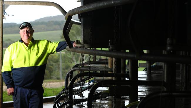 The soaring cost of electricity has added to the financial burden faced by the state’s dairy farmers, such as Mount Compass’s Michael Connor. Picture: Tait Schmaal