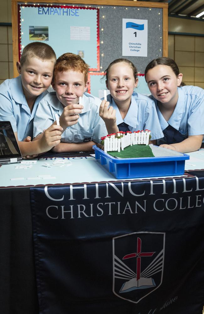 Chinchilla Christian College students (from left) William Henning, Lewis Purnell, Georgia Coggan and Stella Cusack demonstrate their picket fence project at the STEM advanced manufacturing Makers Empire schools showcase at The Salo Centre, St Ursula's College, Monday, November 4, 2024. Picture: Kevin Farmer