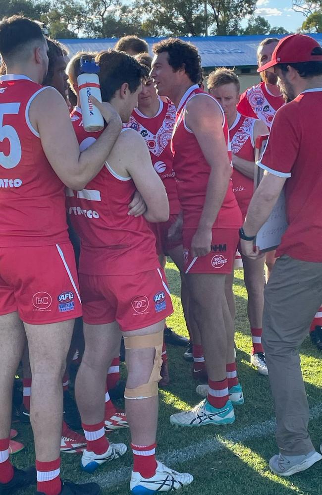 Federal playing coach Sam LaPorta lays down the law during three quarter time of his sides CAFL win over South Alice Springs.