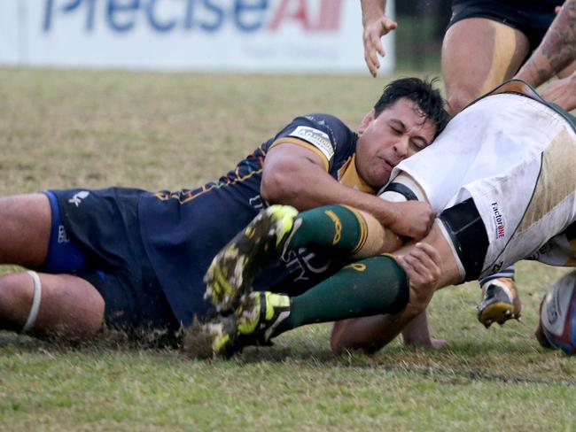 ond University host Wests in Round 18 of the Queensland Premier Rugby competition. Bond Player No8 Josh Fuimaono Wests player No . Picture Mike Batterham