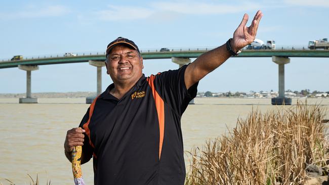 Mark Koolmatrie from Kool Tours in front of the Coorong in Goolwa, where much more water than usual is flowing into the system. Picture: Matt Loxton