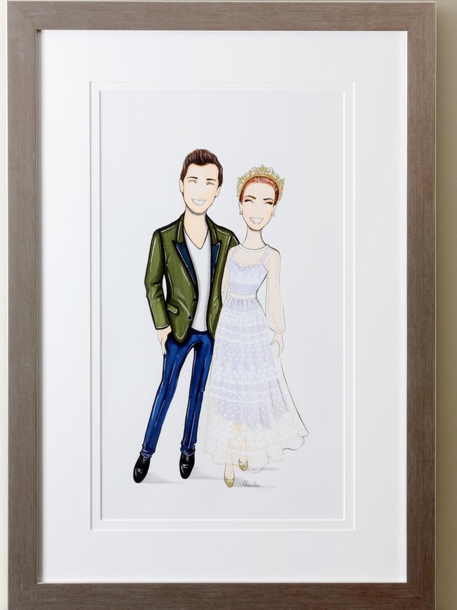 Emma and Lachy illustration: Viktoria Novak is a milliner who makes a lot of my headpieces and she is also a friend. She had this illustration of done as a wedding present for us by a friend of hers, Aaron Favaloro. The picture is of when we got engaged.