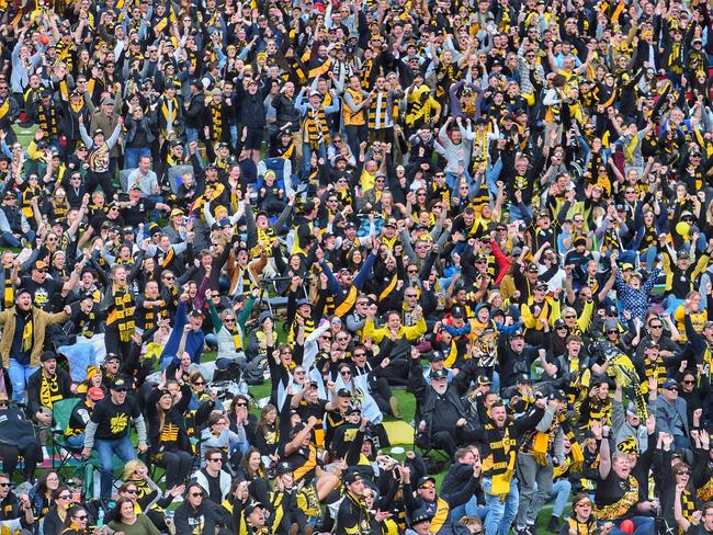 Richmond supporters go wild at Punt Road Oval after their team wins the 2017 AFL Grand Final. Picture Tony Gough