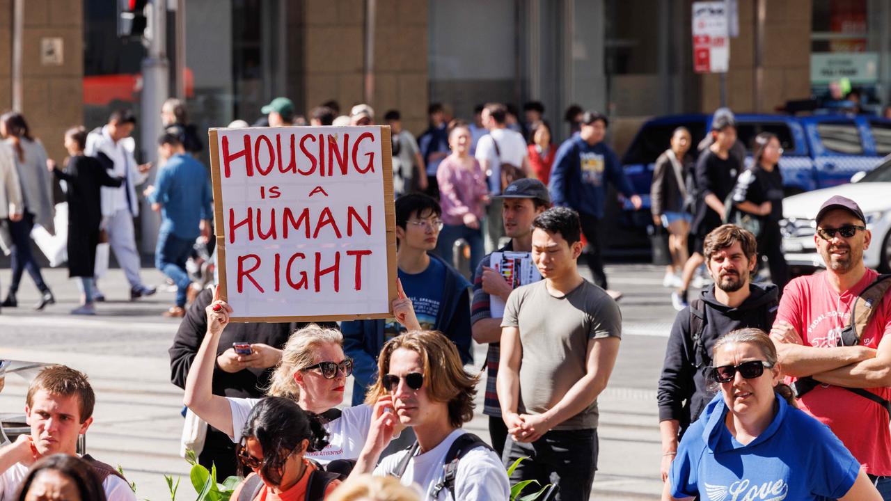 With the cost of rent soaring, public housing being sold off to private developers, and the housing crisis worsening by the day – people are taking to the streets in Sydney ahead of the state budget to demand action to fix the housing crisis. Picture: David Swift