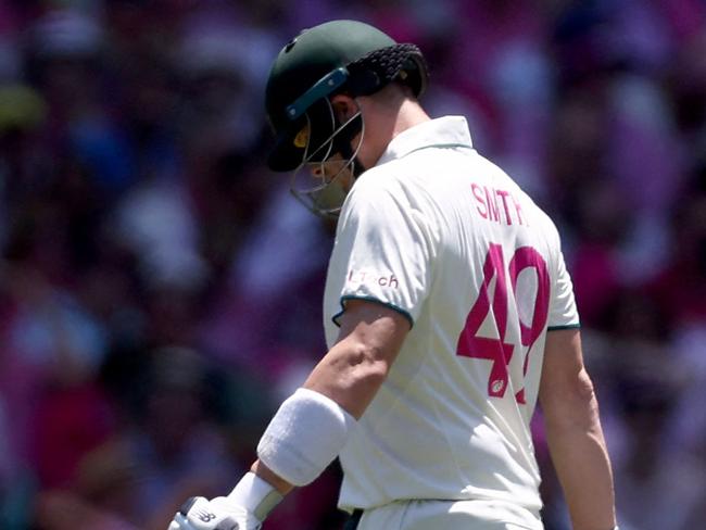 Australiaâs Steve Smith walks off the ground after being dismissed during day three of the fifth cricket Test match between Australia and India at The SCG in Sydney on January 5, 2025. (Photo by DAVID GRAY / AFP) / -- IMAGE RESTRICTED TO EDITORIAL USE - STRICTLY NO COMMERCIAL USE --