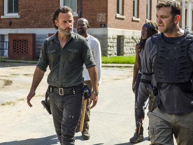 Andrew Lincoln as Rick Grimes, Lennie James as Morgan Jones, Danai Gurira as Michonne, Karl Makinen as RichardÂ - The Walking Dead _ Season 7, Episode 9 - Photo Credit: Gene Page/AMC