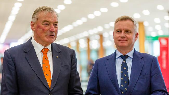 Rex Airlines Deputy Chairman, John Sharp and Tasmanian Premier, Jeremy Rockliff at the Launch of new flights from Melbourne to Hobart. Picture: Linda Higginson