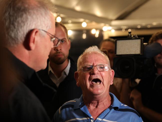 DAILY TELEGRAPH, APRIL 06, 2022: A man yells about the pension for a good 5min to the Prime minister Scott Morrison as he visits the Edgeworth Tavern  in Edgeworth, Newcastle.Picture: Damian Shaw