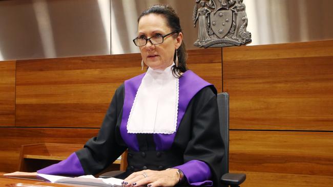 Judge Lisa Hannan sits on the bench inside the County Court in Melbourne. Picture: David Crosling