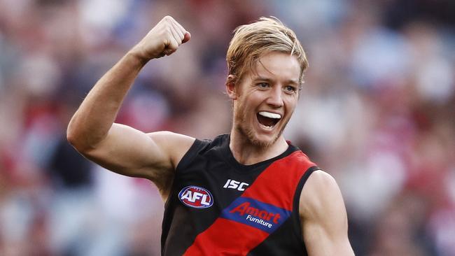 Darcy Parish of the Bombers celebrates a goal during the Round 16 AFL match between the Essendon Bombers and the Sydney Swans at the MCG in Melbourne, Saturday, July 6, 2019. (AAP Image/Daniel Pockett) NO ARCHIVING, EDITORIAL USE ONLY