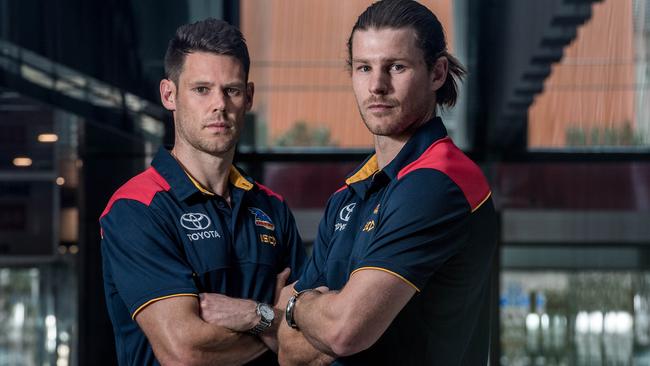 New Adelaide recruits Sam Gibson and Bryce Gibbs. Picture: Jake Nowakowski                        <a capiid="f4580864e39c2289cad76b7b3d6fbeb8" class="capi-video">Gibbs introduced as a Crow</a>