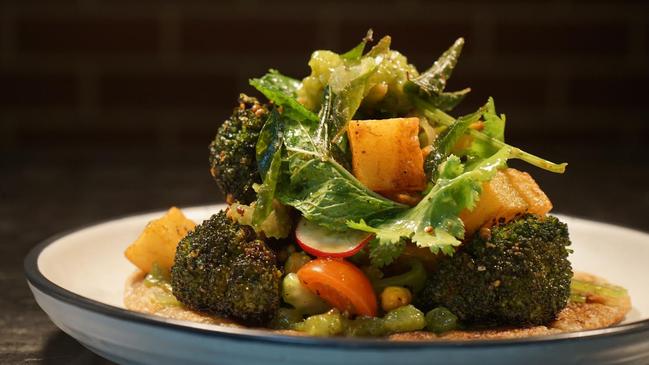 Paratha, broccoli and crisp potatoes at New Local Eatery in Hindmarsh.