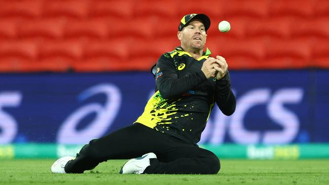 David Warner drops a catch against the West Indies at Metricon Stadium. Picture: Chris Hyde/Getty Images